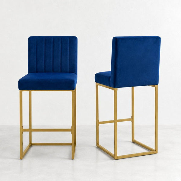 English Elm 25.6 Inch Glam Velvet Counter Stools Set of 2 with Gold Legs for Kitchen Island Blue and Gold W1512P597673
