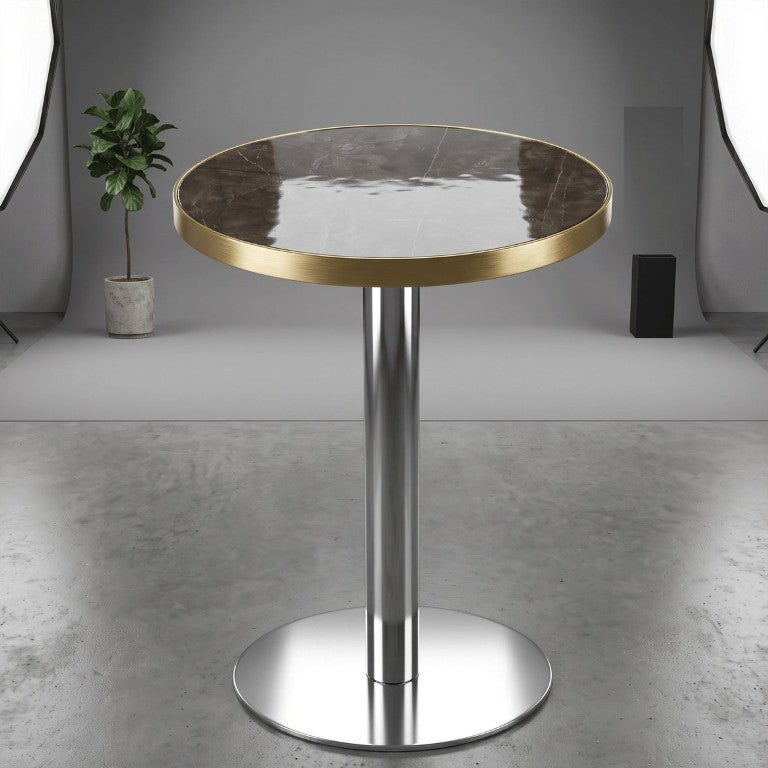 English Elm Modern Round Bistro Table Faux Marble Top Gold Trim Steel Base for Compact Dining Spaces W1512P601376