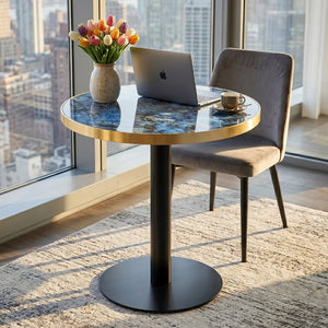 English Elm 23.6 Inch Round Marble Look Coffee Table with UV Lacquer Top and Steel Column Base W1512P608037