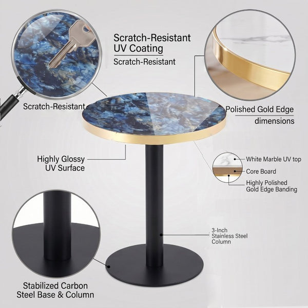 English Elm 23.6 Inch Round Marble Look Coffee Table with UV Lacquer Top and Steel Column Base W1512P608037