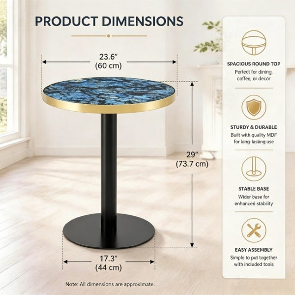 English Elm 23.6 Inch Round Marble Look Coffee Table with UV Lacquer Top and Steel Column Base W1512P608037