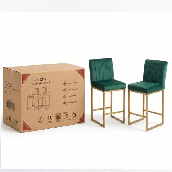 English Elm 25.6 Inch Glam Velvet Counter Stools Set of 2 with Gold Legs for Kitchen Island Green and Gold W1512P611398