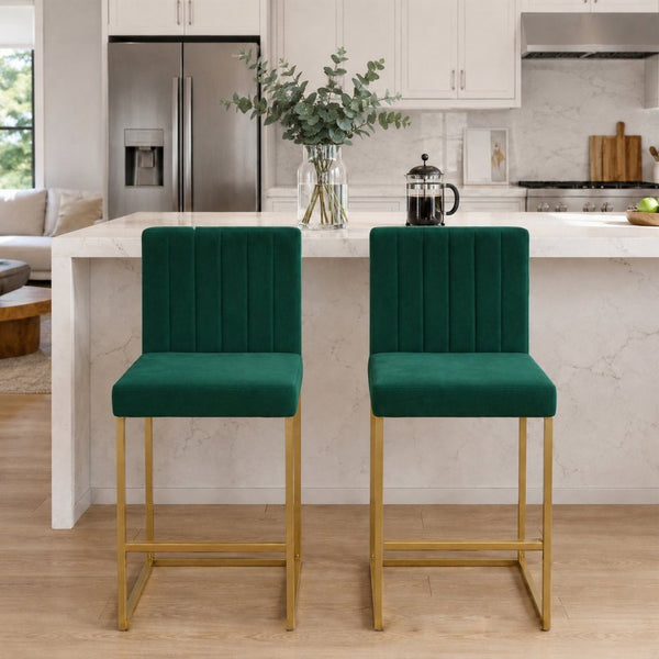 English Elm 25.6 Inch Glam Velvet Counter Stools Set of 2 with Gold Legs for Kitchen Island Green and Gold W1512P611398