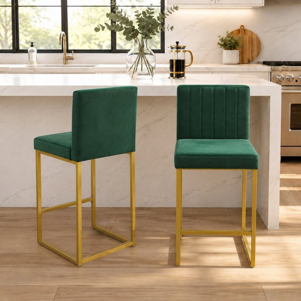 English Elm 25.6 Inch Glam Velvet Counter Stools Set of 2 with Gold Legs for Kitchen Island Green and Gold W1512P611398