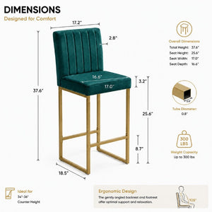 English Elm 25.6 Inch Glam Velvet Counter Stools Set of 2 with Gold Legs for Kitchen Island Green and Gold W1512P611398