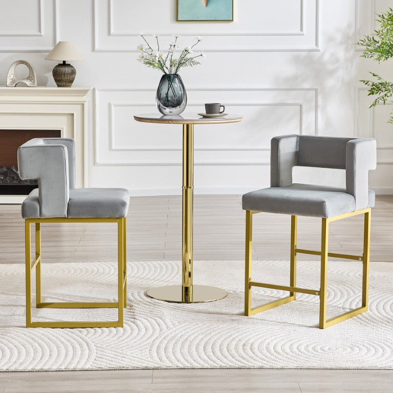 English Elm Modern Grey Velvet Barstools Set of Two with Gold Geometric Legs for Counter Seating W1512P612601