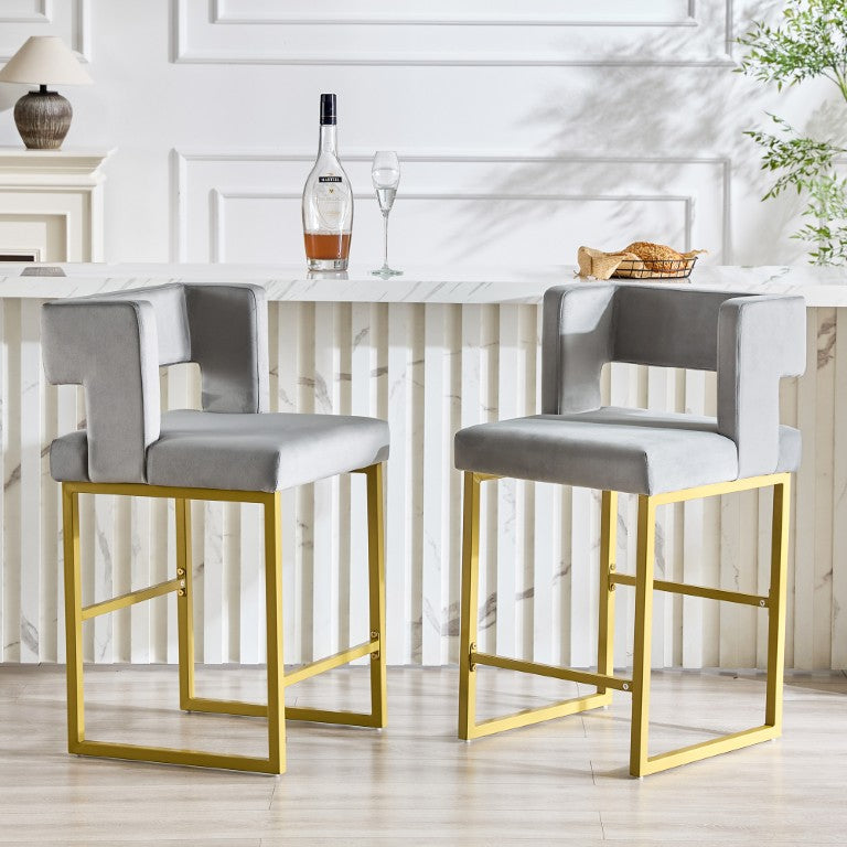 English Elm Modern Grey Velvet Barstools Set of Two with Gold Geometric Legs for Counter Seating W1512P612601