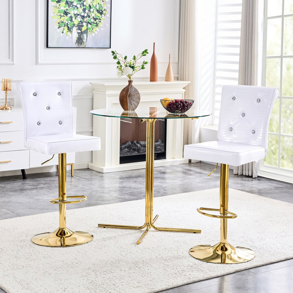 English Elm Modern Round Glass Pub Table Set Glam Swivel Stools Gold Base Home Bar Bistro White W1512S00196