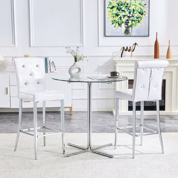 English Elm Modern Glass Top Bar Height Dining Set with Glam Crocodile Stools for Small Spaces W1512S00198
