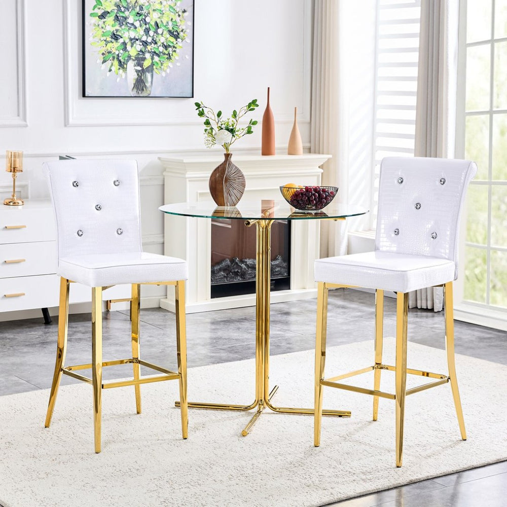 English Elm Modern Glam Round Glass Top Bar Dining Set Gold Claw Base Embossed Leather Stools White W1512S00200