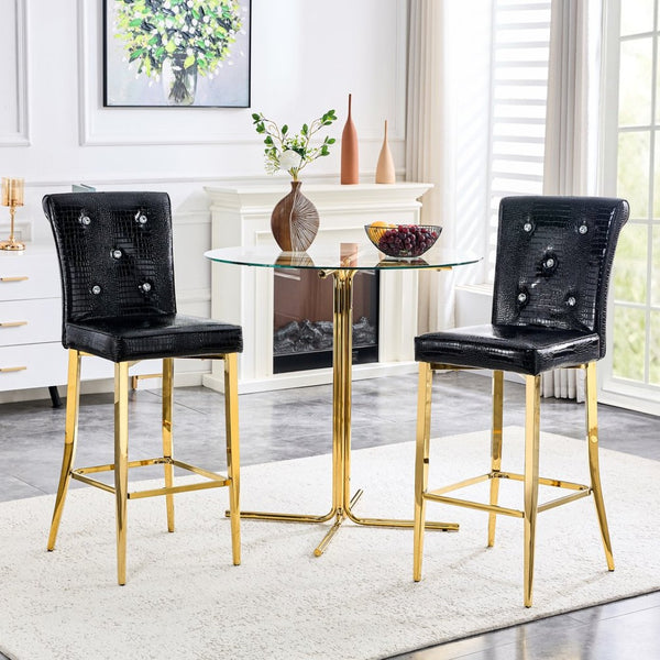 English Elm Modern Glam Round Glass Top Bar Dining Set Gold Claw Base Embossed Leather Stools Black W1512S00201