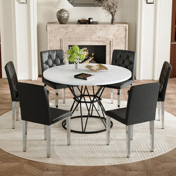 English Elm Table and Chair Set Round Marble Mdf Top with Six Pu Leather Seats for Dining W1512S00220