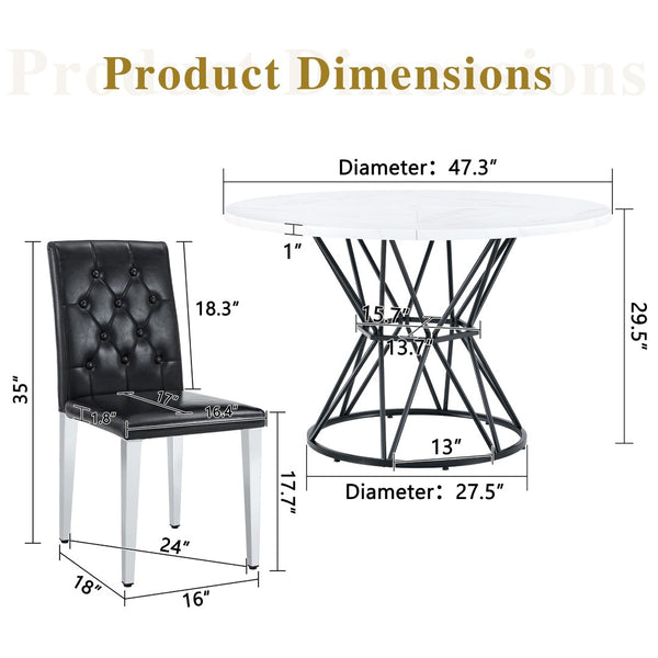 English Elm Table and Chair Set Round Marble Mdf Top with Six Pu Leather Seats for Dining W1512S00220