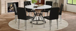 English Elm Table and Chair Set Round Marble Mdf Top with Six Pu Leather Seats for Dining W1512S00220