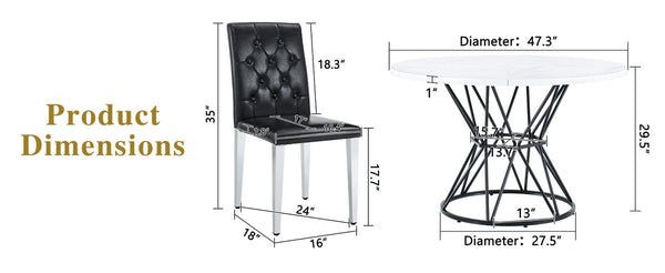 English Elm Table and Chair Set Round Marble Mdf Top with Six Pu Leather Seats for Dining W1512S00220