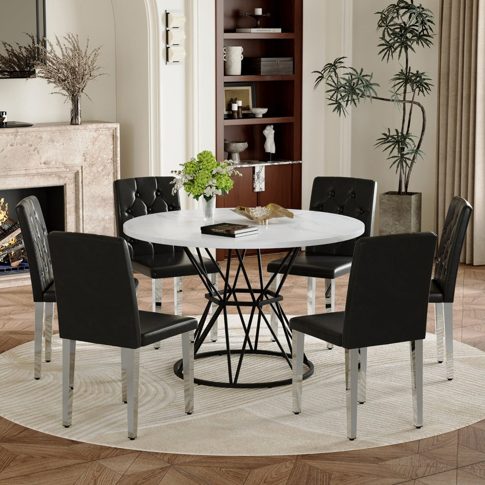 English Elm Table and Chair Set Round Marble Mdf Top with Six Pu Leather Seats for Dining W1512S00220
