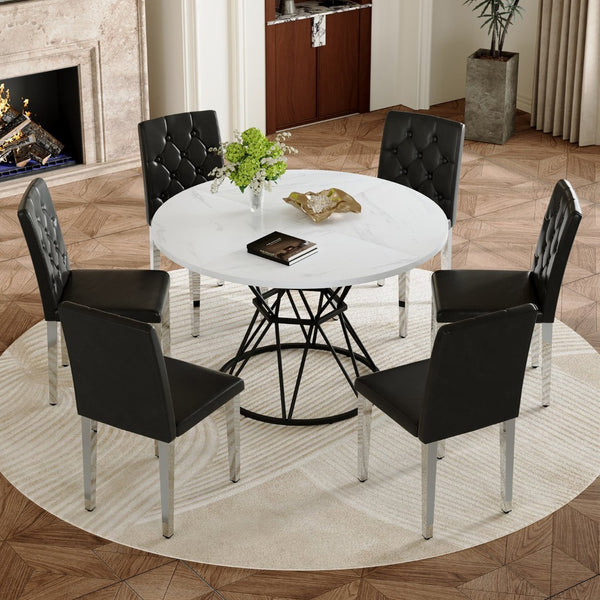 English Elm Table and Chair Set Round Marble Mdf Top with Six Pu Leather Seats for Dining W1512S00220