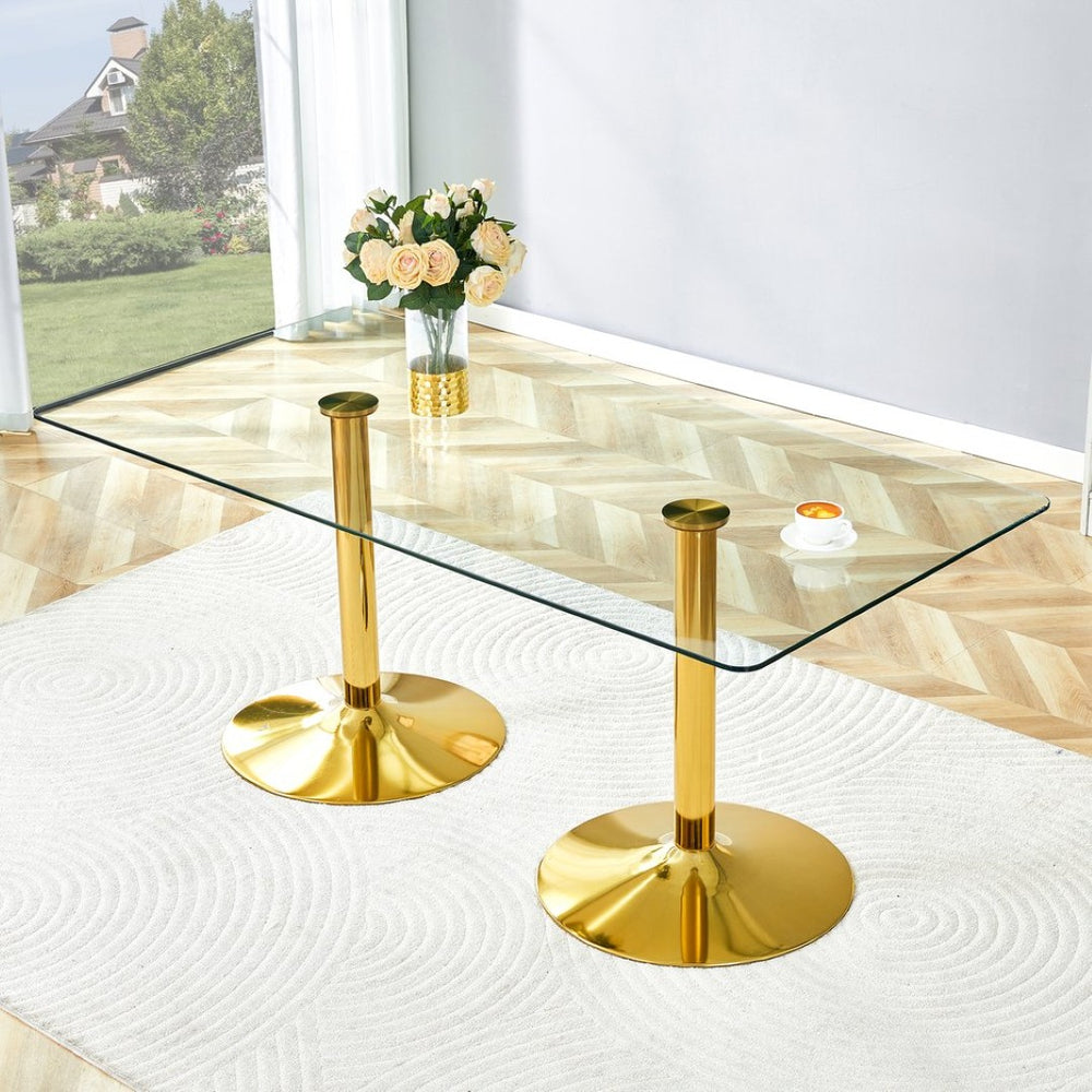 English Elm A Glass Top Rectangular Dining Table with Gold Electroplated Legs Seats Six Elegantly W1512S00230