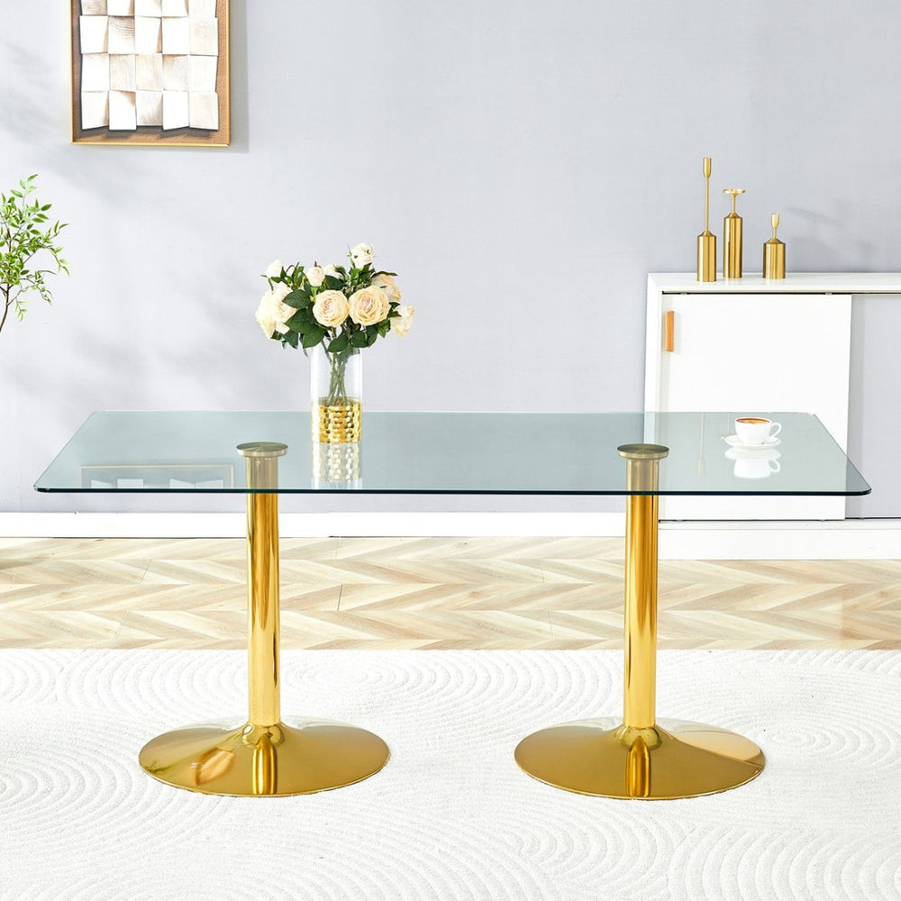English Elm A Glass Top Rectangular Dining Table with Gold Electroplated Legs Seats Six Elegantly W1512S00230