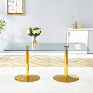 English Elm A Glass Top Rectangular Dining Table with Gold Electroplated Legs Seats Six Elegantly W1512S00230