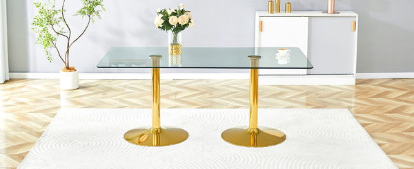 English Elm A Glass Top Rectangular Dining Table with Gold Electroplated Legs Seats Six Elegantly W1512S00230