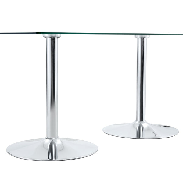 English Elm A Tempered Glass Rectangular Dining Table with Silver Cylindrical Legs Seats Six W1512S00231