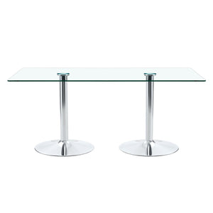 English Elm A Tempered Glass Rectangular Dining Table with Silver Cylindrical Legs Seats Six W1512S00231