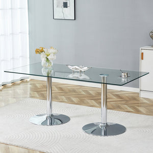 English Elm A Tempered Glass Rectangular Dining Table with Silver Cylindrical Legs Seats Six W1512S00231