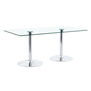 English Elm A Tempered Glass Rectangular Dining Table with Silver Cylindrical Legs Seats Six W1512S00231