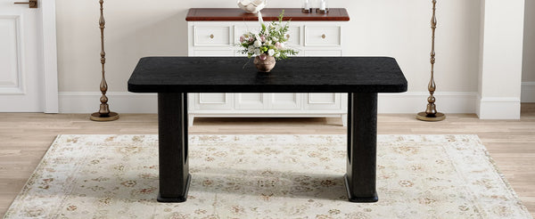 English Elm 64.5 Inch Black Wood Grain Dining Table with Glass Panel Base Seats Six W1512S00232