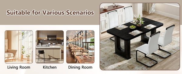 English Elm 64.5 Inch Black Wood Grain Dining Table with Glass Panel Base Seats Six W1512S00232