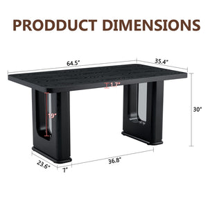 English Elm 64.5 Inch Black Wood Grain Dining Table with Glass Panel Base Seats Six W1512S00232