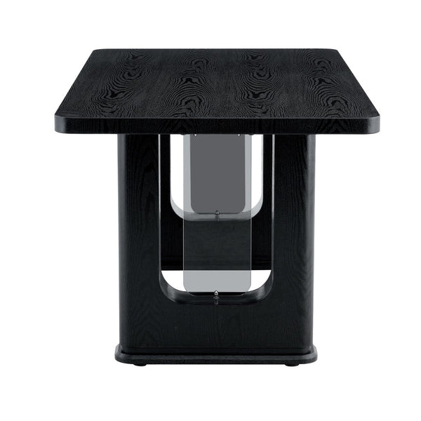 English Elm 64.5 Inch Black Wood Grain Dining Table with Glass Panel Base Seats Six W1512S00232