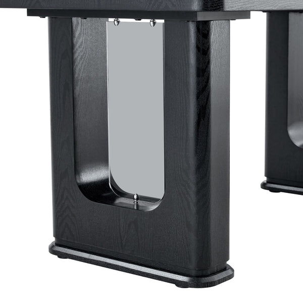 English Elm 64.5 Inch Black Wood Grain Dining Table with Glass Panel Base Seats Six W1512S00232