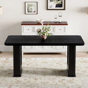 English Elm 64.5 Inch Black Wood Grain Dining Table with Glass Panel Base Seats Six W1512S00232