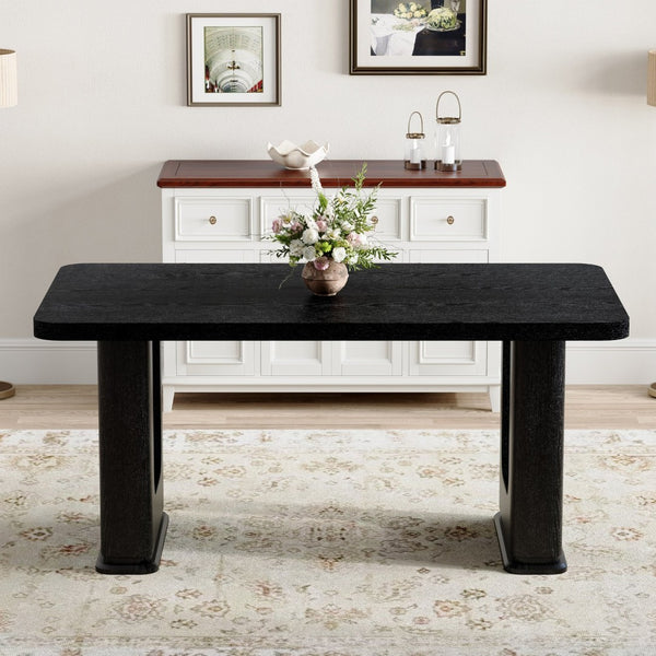 English Elm 64.5 Inch Black Wood Grain Dining Table with Glass Panel Base Seats Six W1512S00232