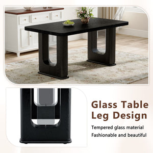 English Elm 64.5 Inch Black Wood Grain Dining Table with Glass Panel Base Seats Six W1512S00232