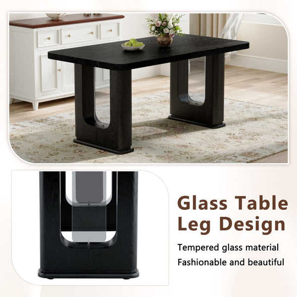 English Elm 64.5 Inch Black Wood Grain Dining Table with Glass Panel Base Seats Six W1512S00232