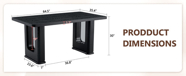 English Elm 64.5 Inch Black Wood Grain Dining Table with Glass Panel Base Seats Six W1512S00232