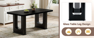 English Elm 64.5 Inch Black Wood Grain Dining Table with Glass Panel Base Seats Six W1512S00232