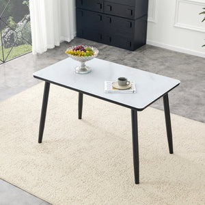 English Elm Modern Marble Texture Glass Top Dining Table with Tapered Black Legs Seats Six White+Black W1512S00235