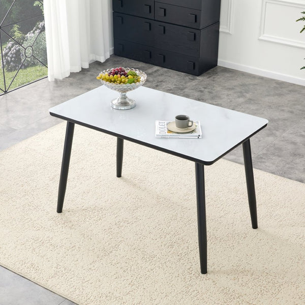 English Elm Modern Marble Texture Glass Top Dining Table with Tapered Black Legs Seats Six White+Black W1512S00235