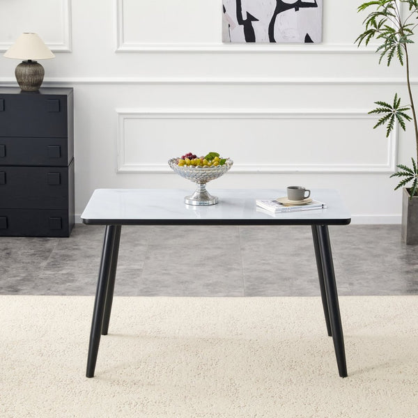English Elm Modern Marble Texture Glass Top Dining Table with Tapered Black Legs Seats Six White+Black W1512S00235