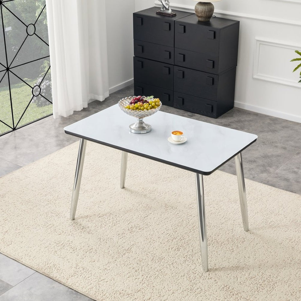 English Elm Modern Marble Look Glass Top Rectangular Dining Table with Sleek Tapered Metal Legs W1512S00237