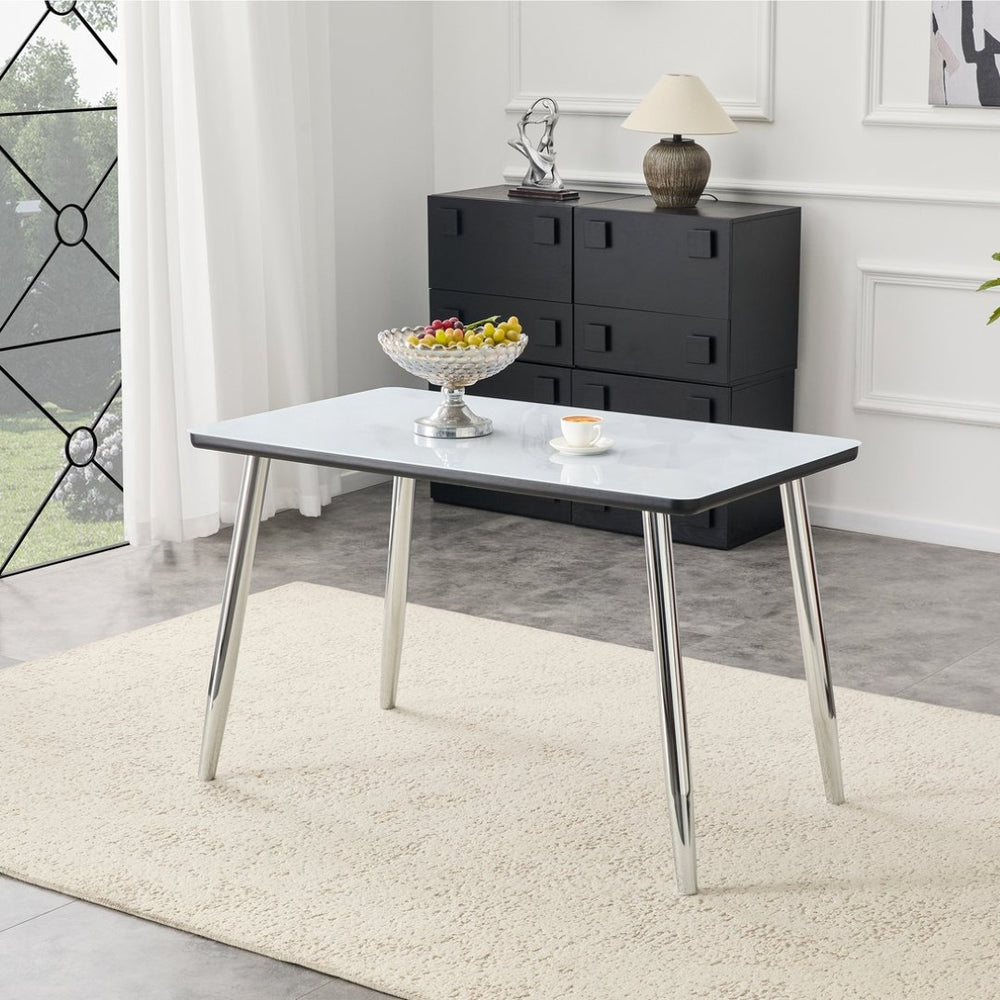 English Elm Modern Marble Look Glass Top Rectangular Dining Table with Sleek Tapered Metal Legs W1512S00237