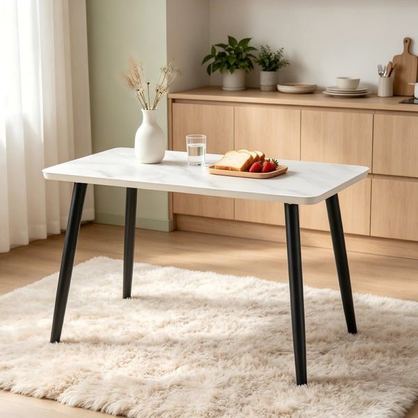 English Elm Modern Marble Texture Rectangular Dining Table with Tempered Glass Top and Tapered Metal Legs White+Black W1512S00238