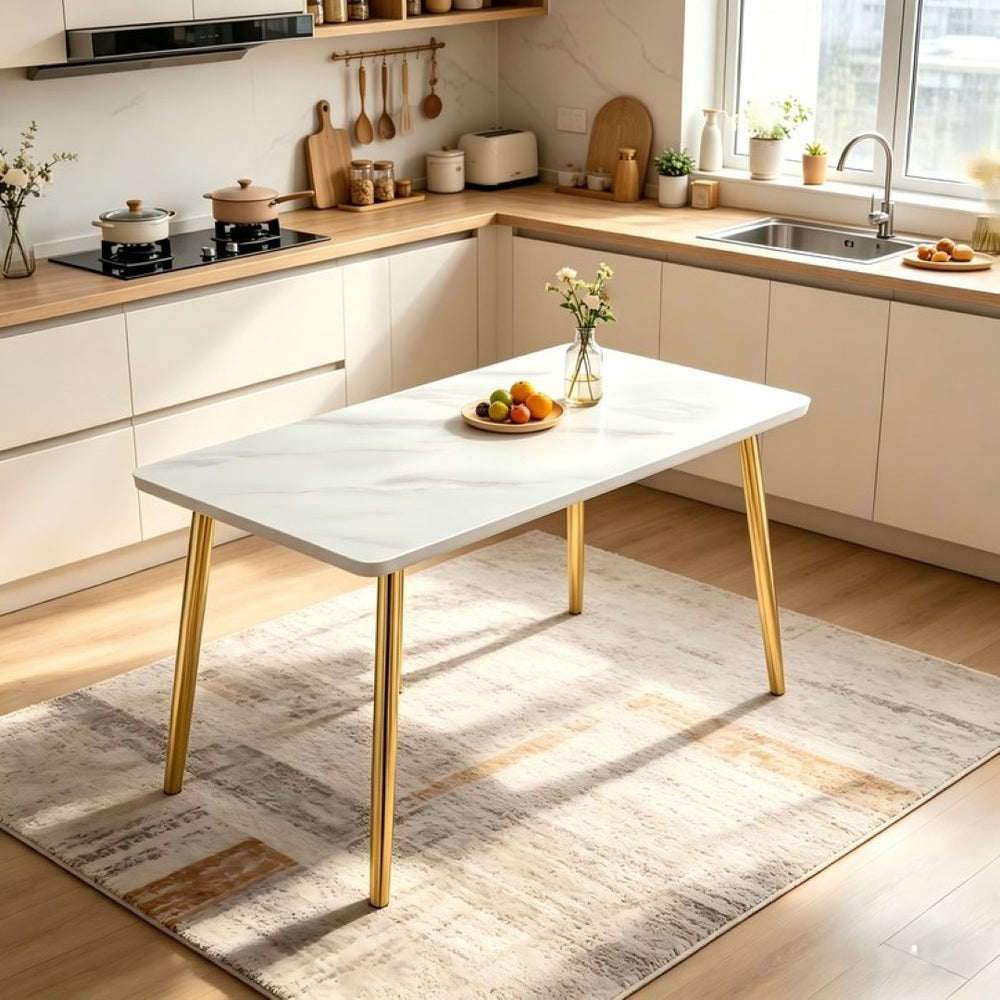 English Elm Modern Marble Texture Rectangular Dining Table with Tempered Glass Top and Tapered Metal Legs White+Gold W1512S00239