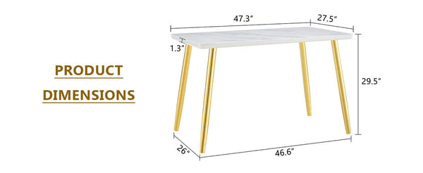 English Elm Modern Marble Texture Rectangular Dining Table with Tempered Glass Top and Tapered Metal Legs White+Gold W1512S00239