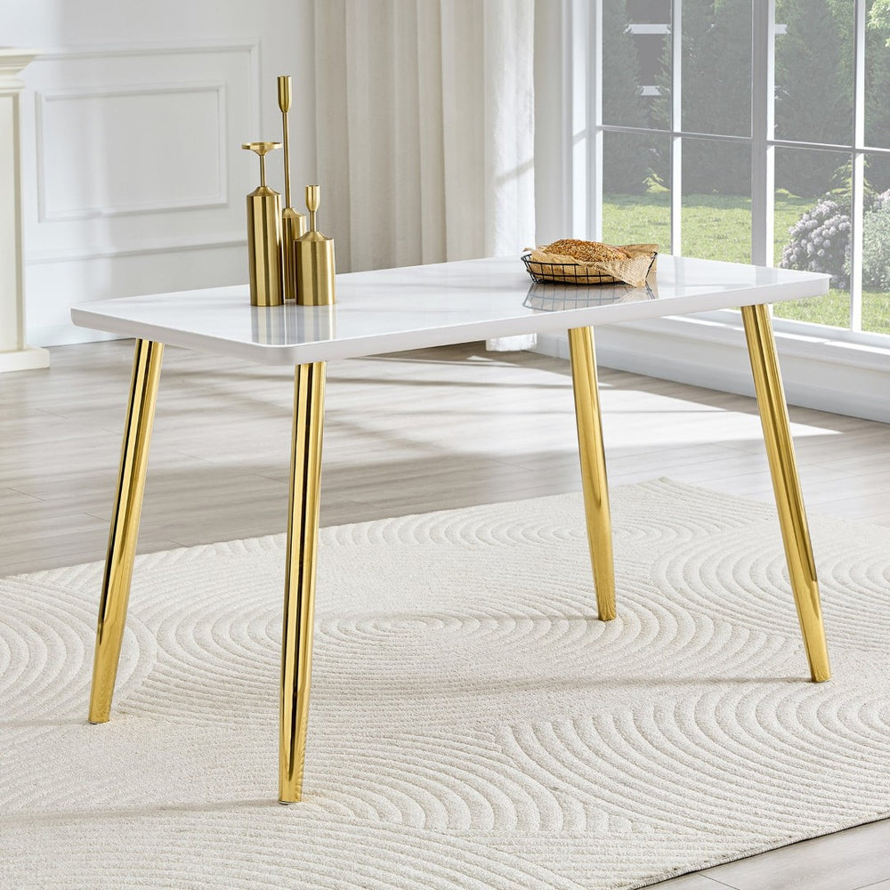 English Elm Modern Marble Texture Rectangular Dining Table with Tempered Glass Top and Tapered Metal Legs White+Gold W1512S00239