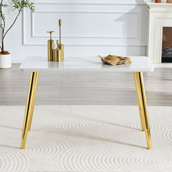 English Elm Modern Marble Texture Rectangular Dining Table with Tempered Glass Top and Tapered Metal Legs White+Gold W1512S00239